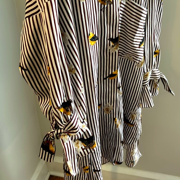 Zara Basic Collection Oversized Bird Print Top Burgundy Stripes Size Medium - Picture 5 of 6